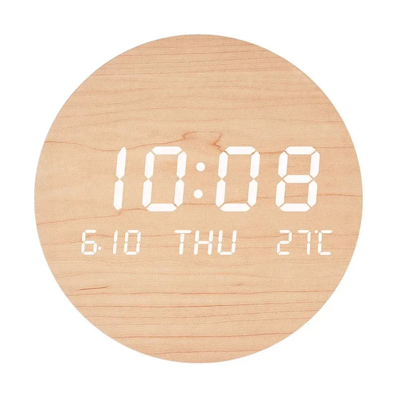 horloge murale LED digitale beige bois moderne coton lin sans fixation rechargeable salon