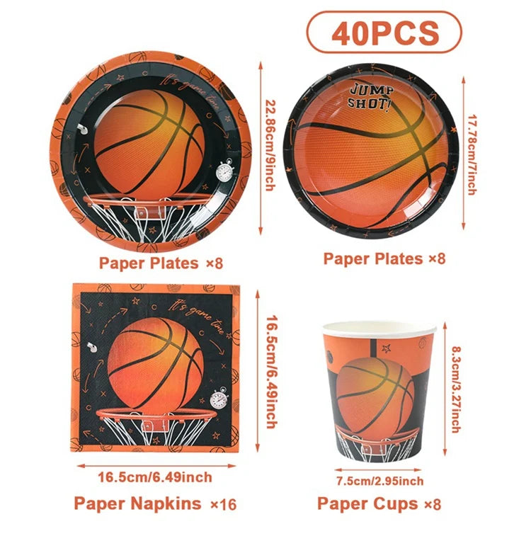 décoration fête anniversaire basket ball assiettes gobelets serviettes guirlande ballon bouteille table orange noir