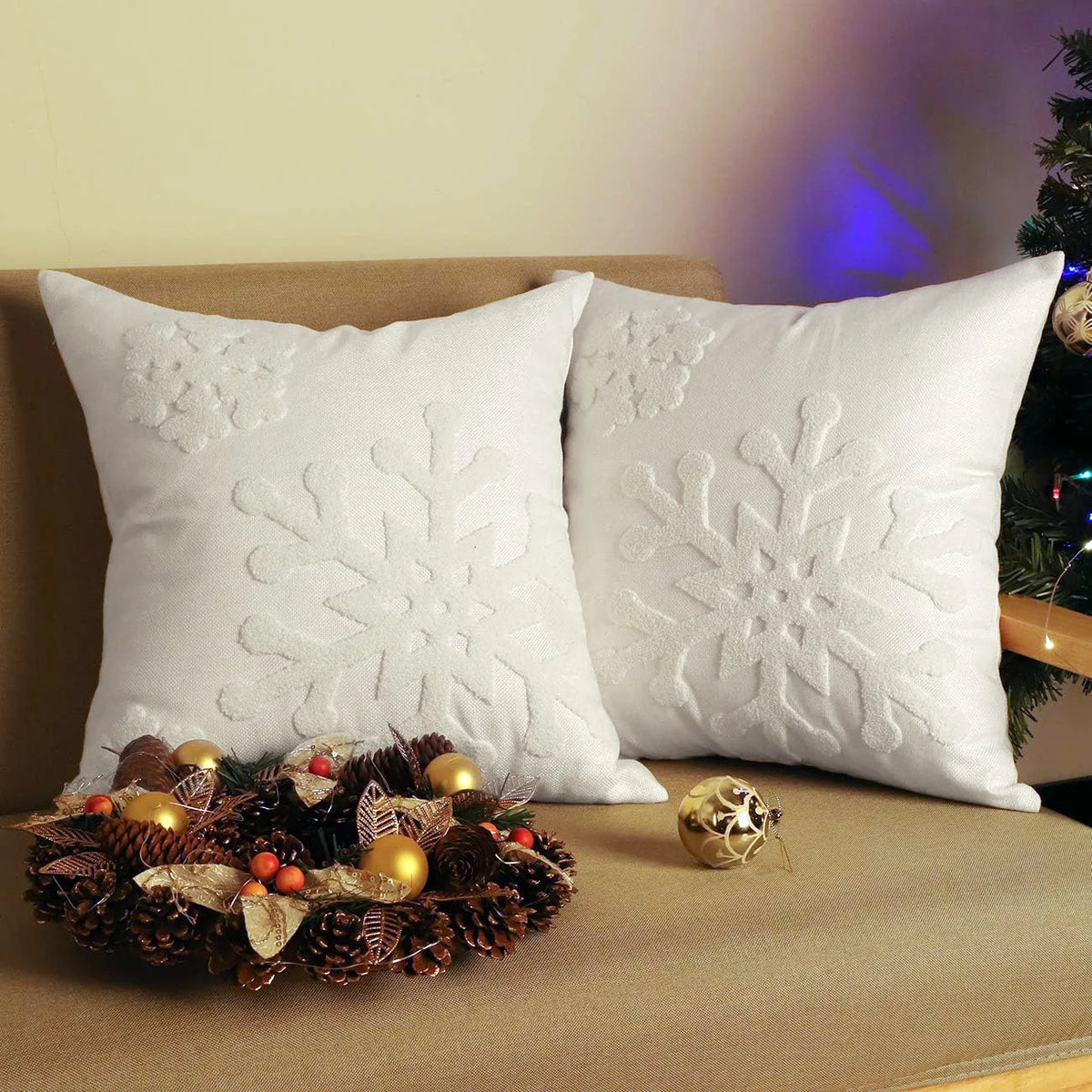 housses coussin noël arbre flocon doré blanc decoration maison car sofa 45x45cm handwash confort