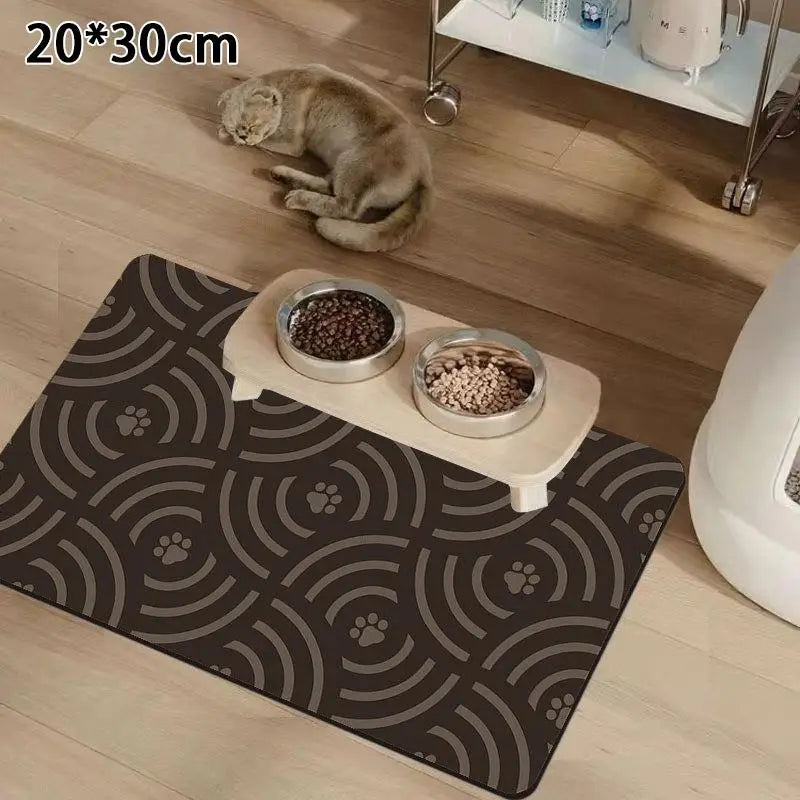 tapis nourrir animal blanc gris motif géométrique moderne anti dérapant deux bols métal