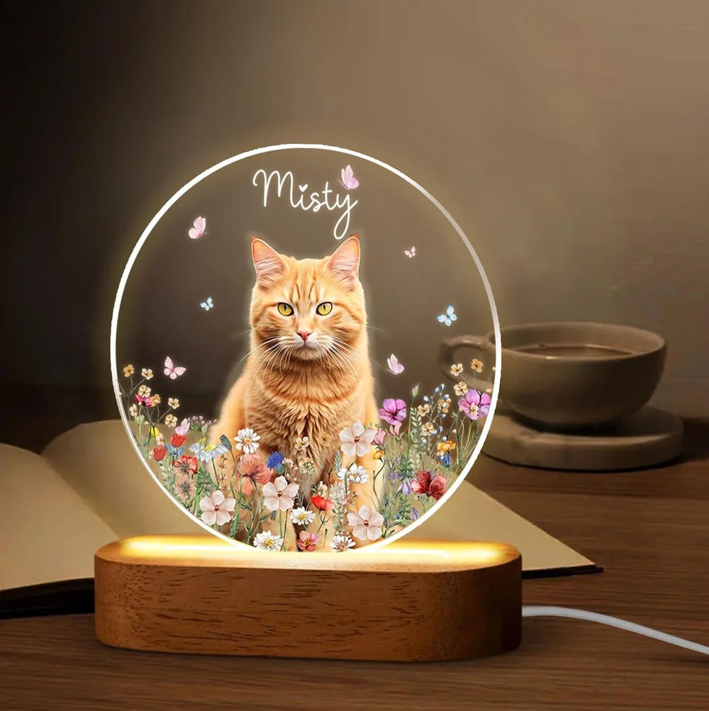 lampe nuit transparente chat orange fleurs papillons texte Misty moderne personnalisable base bois
