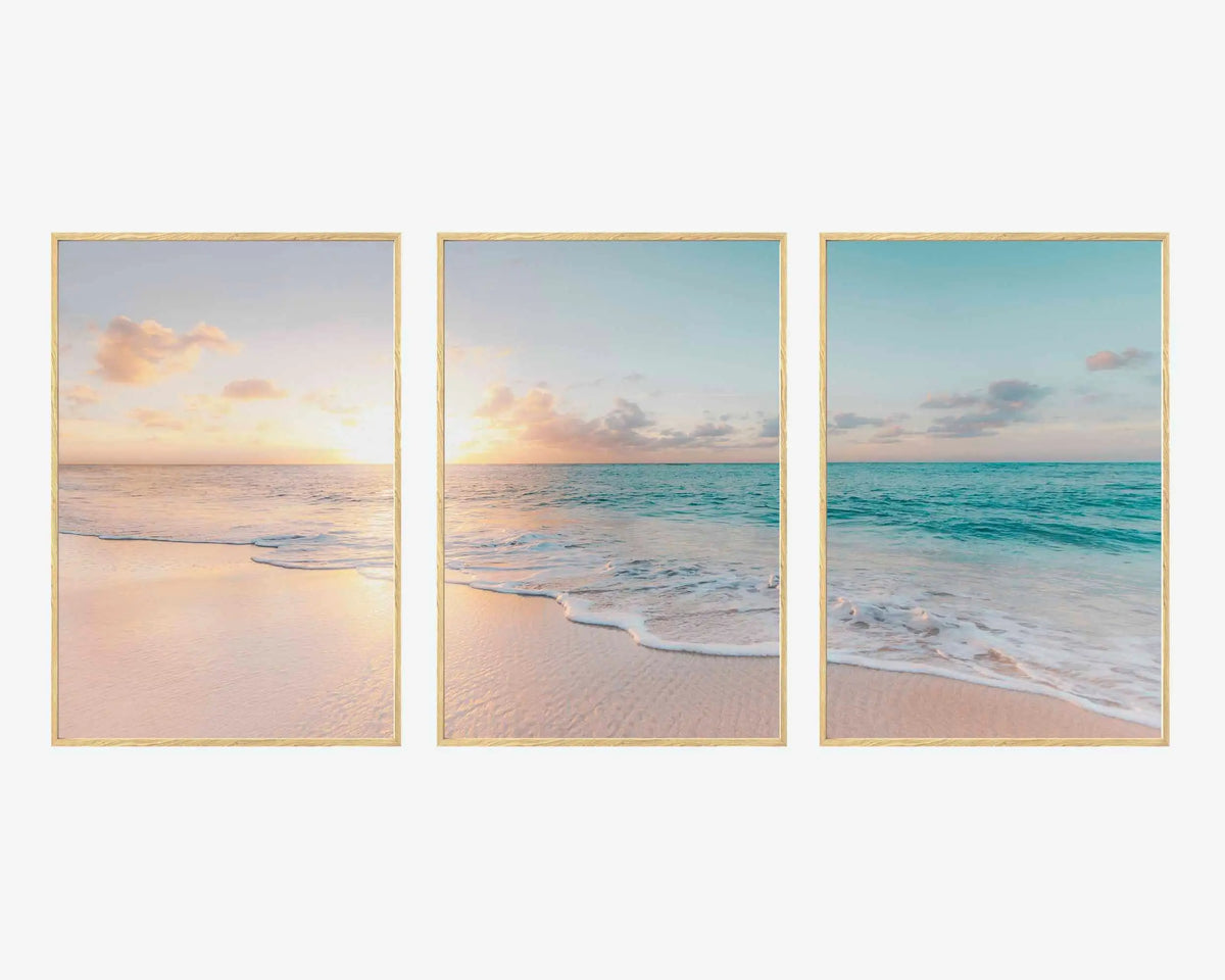 affiches murales moderne paysage marin coucher soleil beige blanc bleu clair rose pâle minimaliste