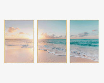 affiches murales moderne paysage marin coucher soleil beige blanc bleu clair rose pâle minimaliste