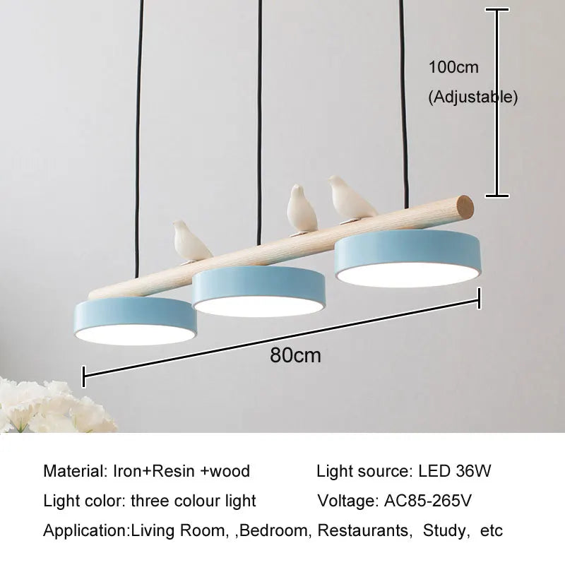 lampe suspendue moderne minimaliste led gris blanc rose jaune bleu oiseaux résine bois