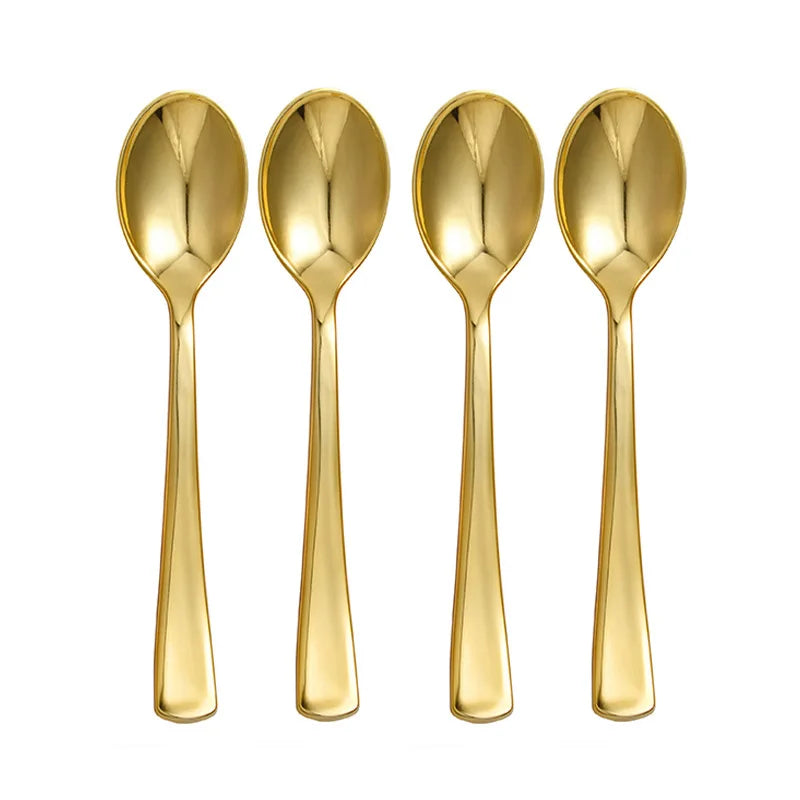 vaisselle jetable dorée moderne serviettes blanches motifs points fourchettes couteaux cuillères gobelets festives or