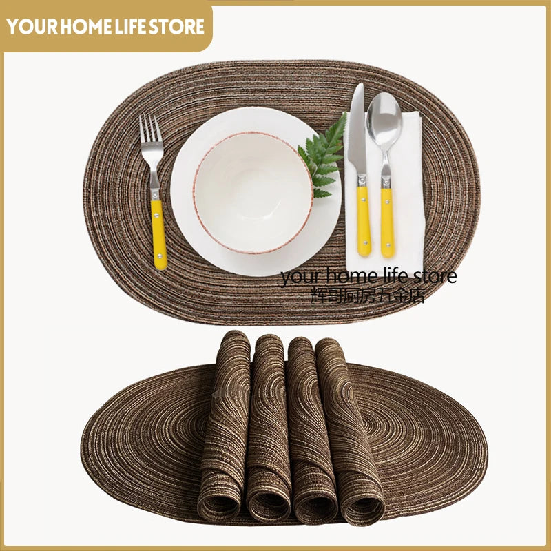tapis table moderne rayures horizontales marron clair assiettes fourchettes cuillères serviettes feuilles gâteau fleurs