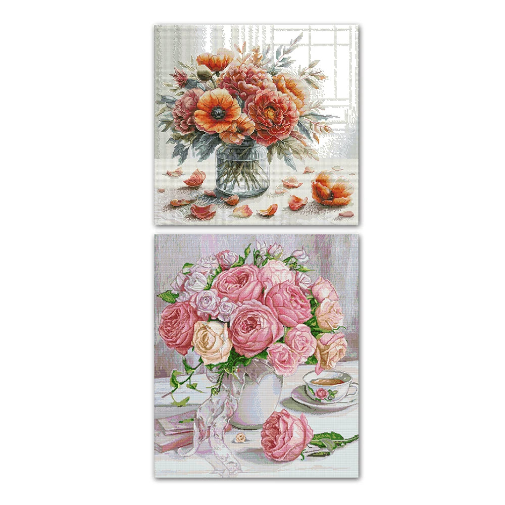 tableau brodé fleurs roses automnales instructions toile fil coton aiguilles