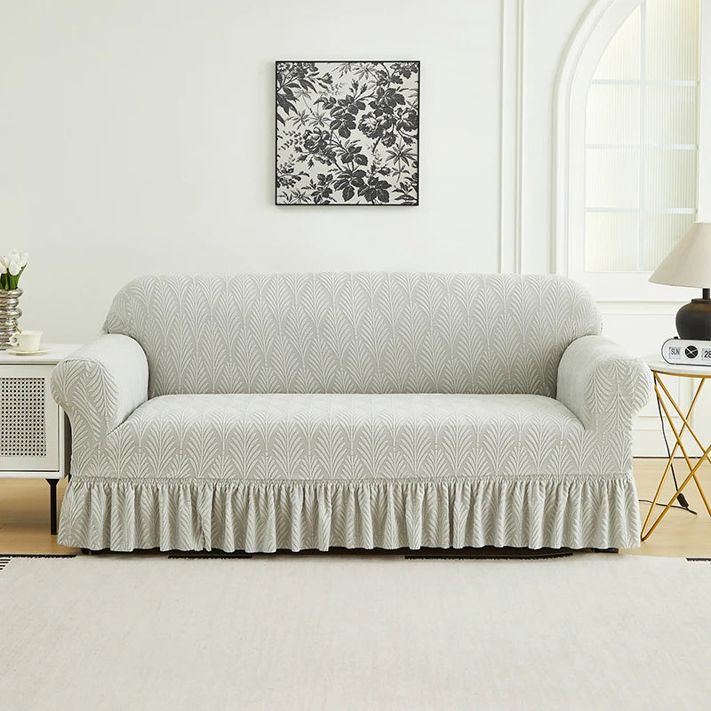 housse canapé gris clair jacquard motif feuilles stylisées élastique protection banc