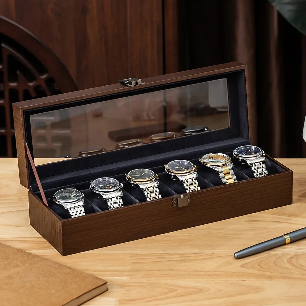 boîte montres bois foncé classique verre transparent tissu noir cadenas 12 slots watches jewelry