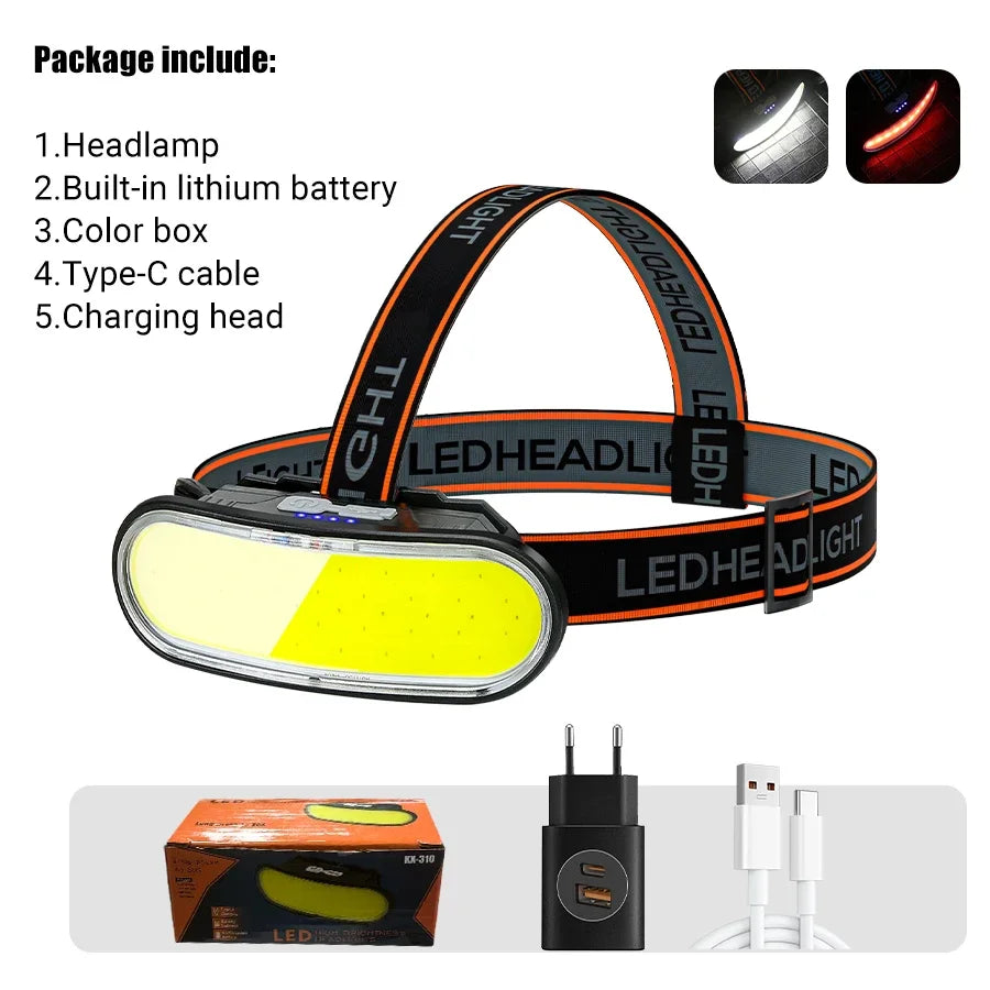 lampe frontale rechargeable led cob noir orange rayures clip poche éclairage camping pêche extérieur