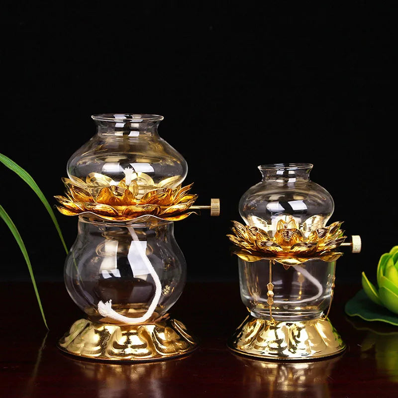 décoration religieuse bougie lotus transparente dorée artisanale élégante fleurs vis fixations autel prière