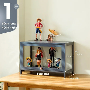 meuble casiers gris moderne vitrine transparente figurines boîtes rangement jouets