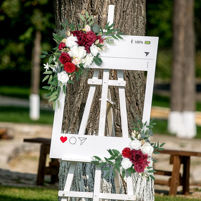 couronne florale artificielle rouge bordeaux blanc vert mariage décoration extérieure