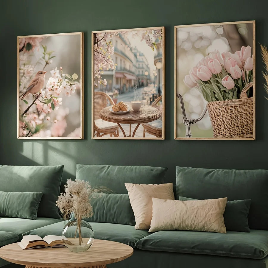 toiles d'art moderne fleurs oiseau tulipes minimaliste blanc roseclair vertDecorationMurPrintanière