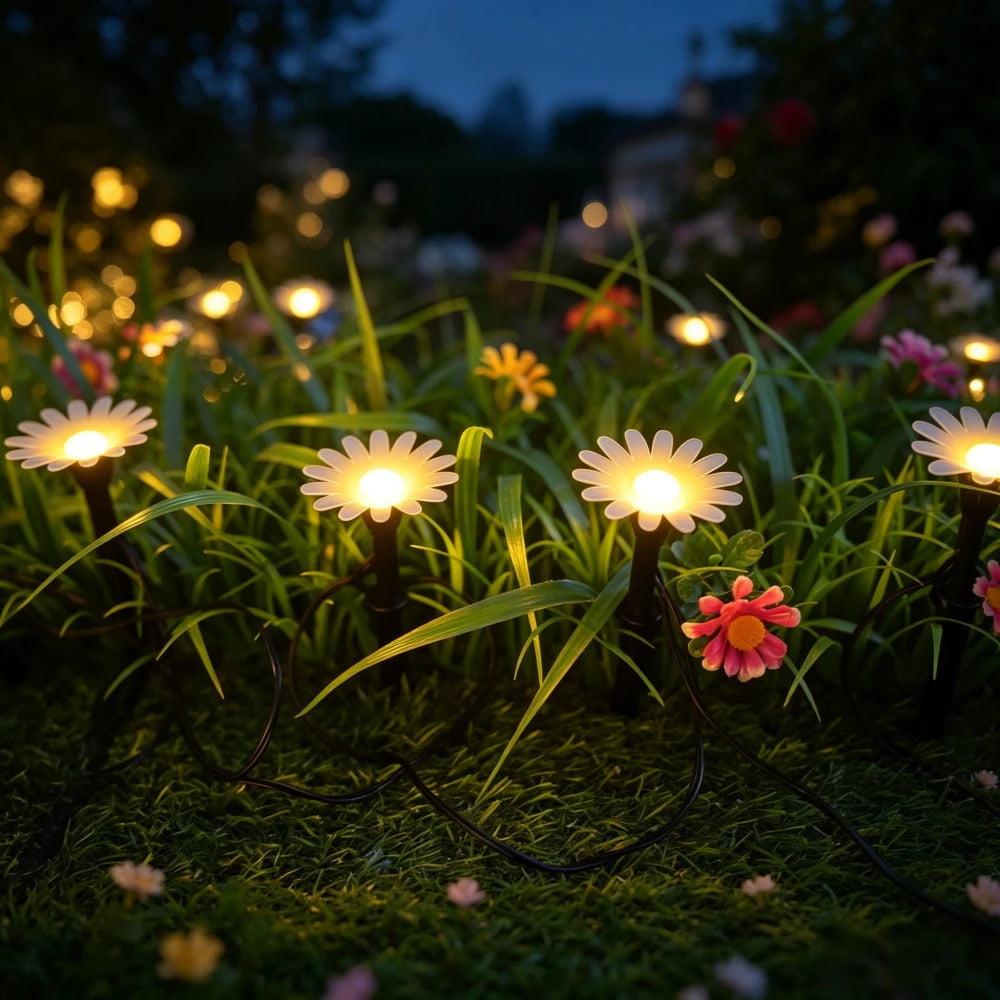 guirlande lumineuse solaire fleurs marguerites extérieur decoration jardin led blanc rose orangé feerique champetre