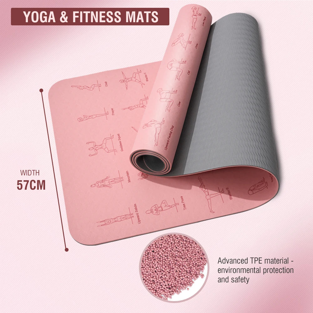 tapis yoga rose gris illustrations postures 6mm moderne opacité cordelette 183x57cm