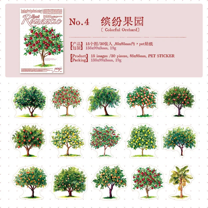 sticker illustration arbres divers couleurs feuillage adhésif album photo créatif vert rose blanc