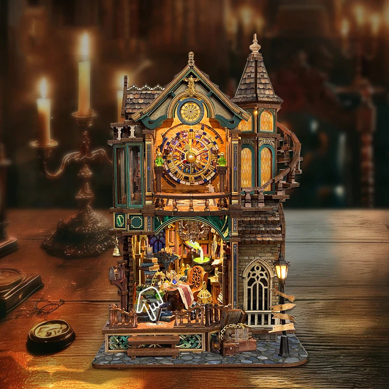 miniature maison gothique bois détaillée statues horloge livres meubles décoratifs