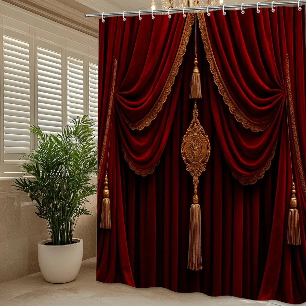 rideau douche velours rouge bordeaux bordure dorée classique imperméable machine ourlet standard tasseaux dorés