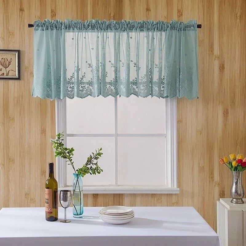 rideau bleu clair broderie florale semi transparent classique européen tissu dentelle chambre cuisine salon