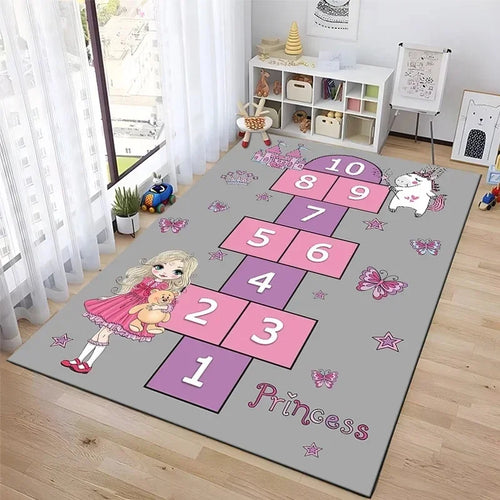 tapis jeu enfant interactif motif princesses animaux chateau rose bleu gris chambre deco