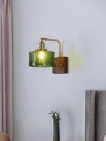 lampe murale rétro verre vert motif géométrique abat jour verre bras cuivre fixation éclairage