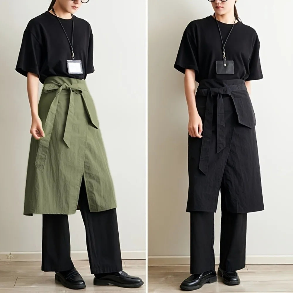 tablier coton uni minimaliste poche ceinture nouable noir vert olive utilitaire cuisine