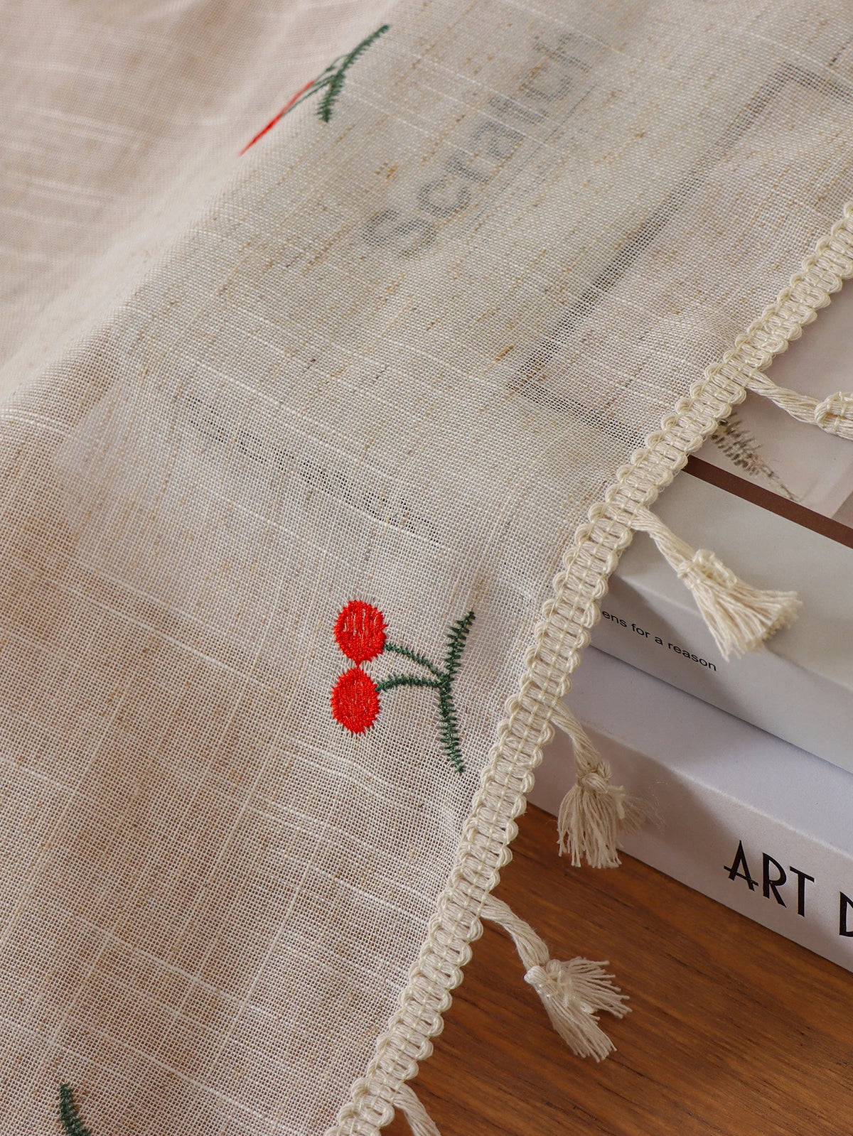 rideau lin brodé fleurs rouge vert beiges opaques tassels chambre cuisine 100x60cm 150x60cm 180x60cm