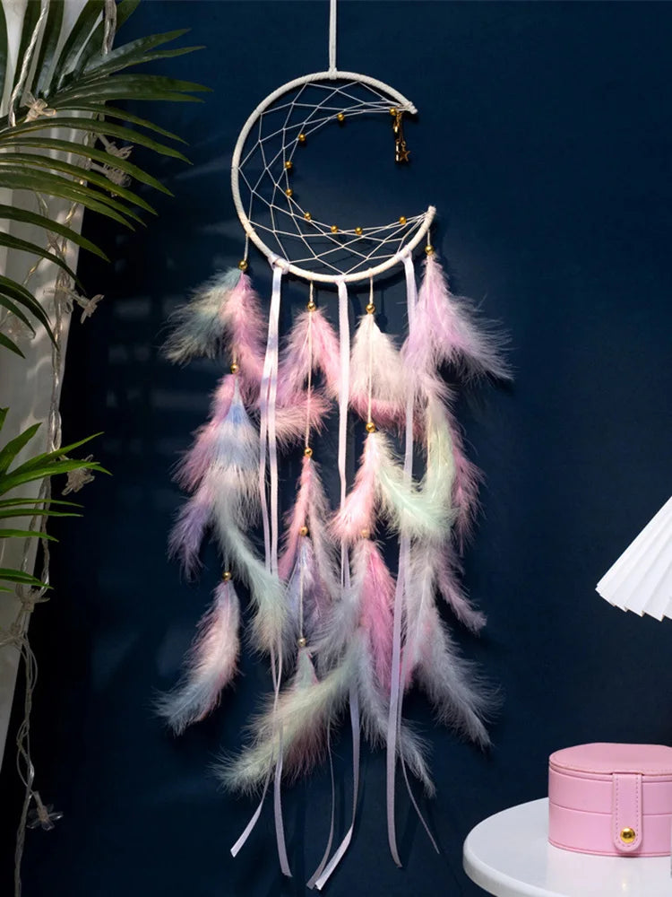 attrape rêves plumes lune boho rose bleu blanc décoratif chambre fil suspendu