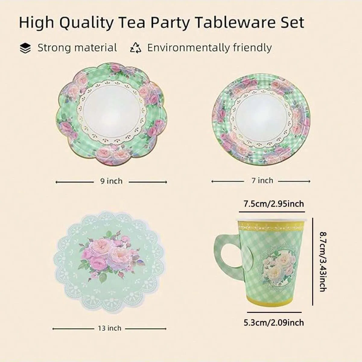 vaisselle jetable service thé ensemble 16 invités tasses assiettes serviettes fleurs roses vintage vert