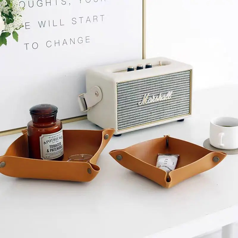 plateau rangement marron clair texture simili cuir moderne dorés respectueux environnement salon empilable double