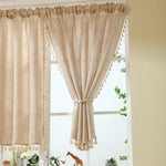rideau polyester texture lin classique beige clair opacité ruban fixation pompons chambre cuisine
