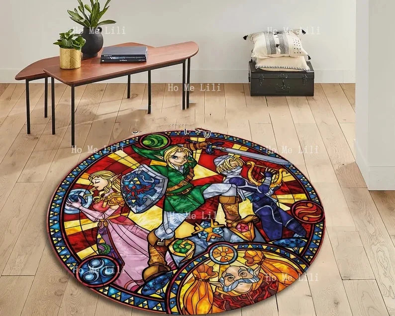 tapis rond multicolore vitrail personnages objets artístico usage maison extérieur