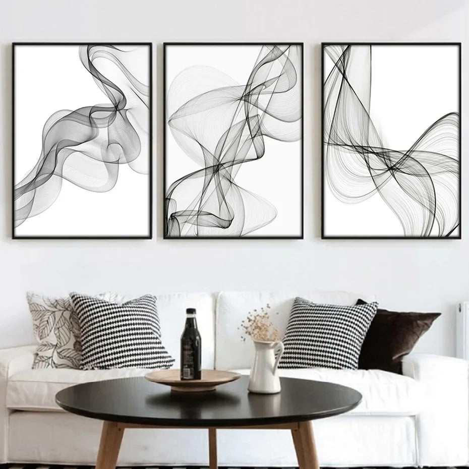 impressions toile abstraites moderne minimaliste noir blanc motifs ondulés nature morte decorationintérieur