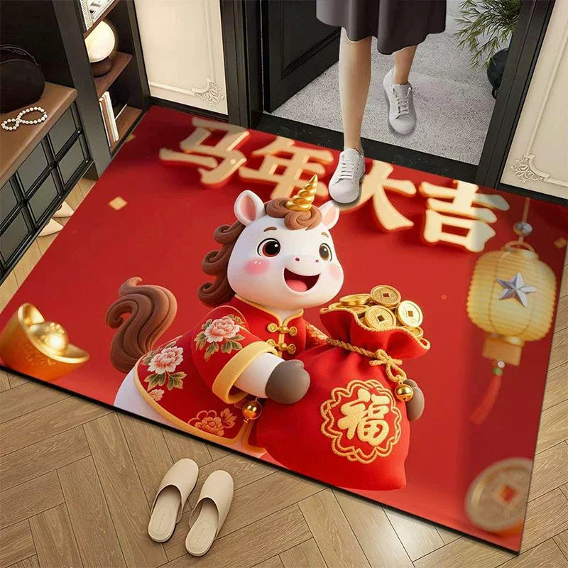 tapis rouge blanc doré cheval cartoon motifs chinois traditionnels antidérapant moderneintérieur decoration