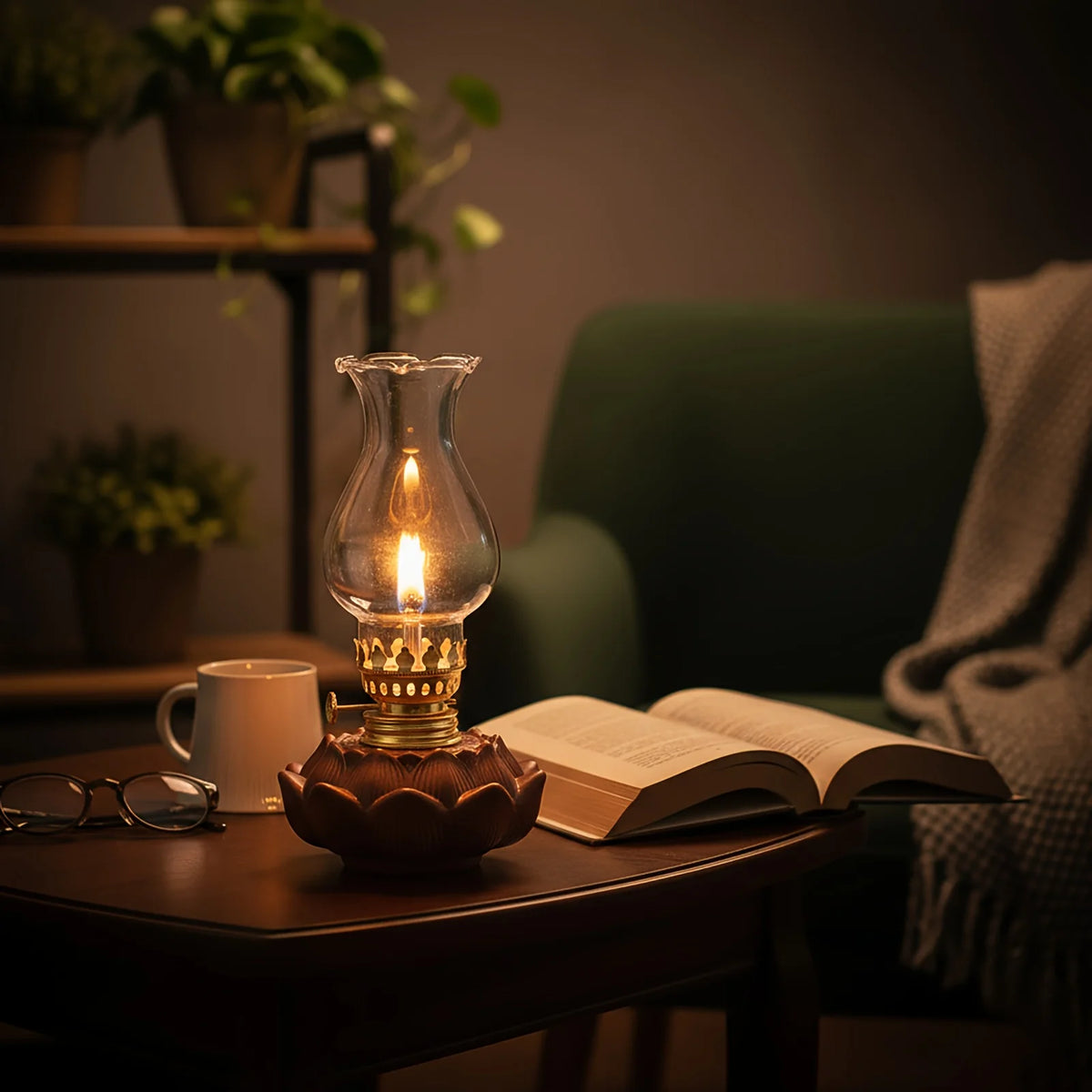 lampe huile vintage céramique lotus transparente dorée intérieur extérieur camping décoration maison résistante rouille