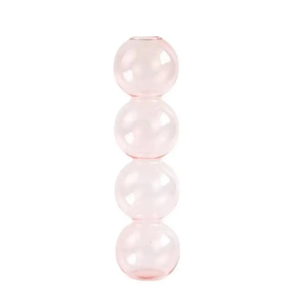 vase moderne transparent sphères empilées jaune clair rose bleu vert brun