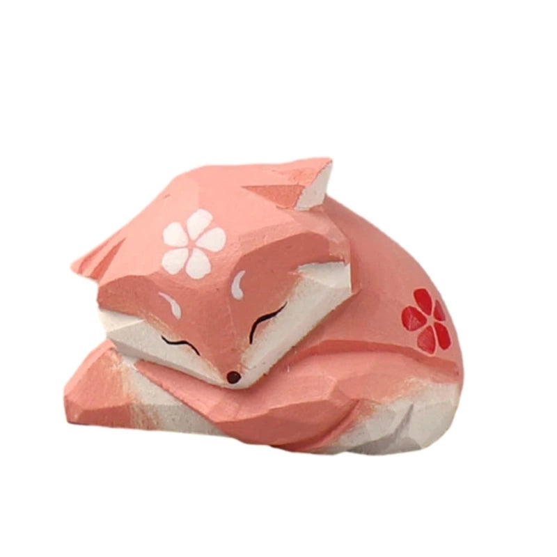 statue animale bois figurine bleu rose motif floral minimaliste yeux stylisés petite deco