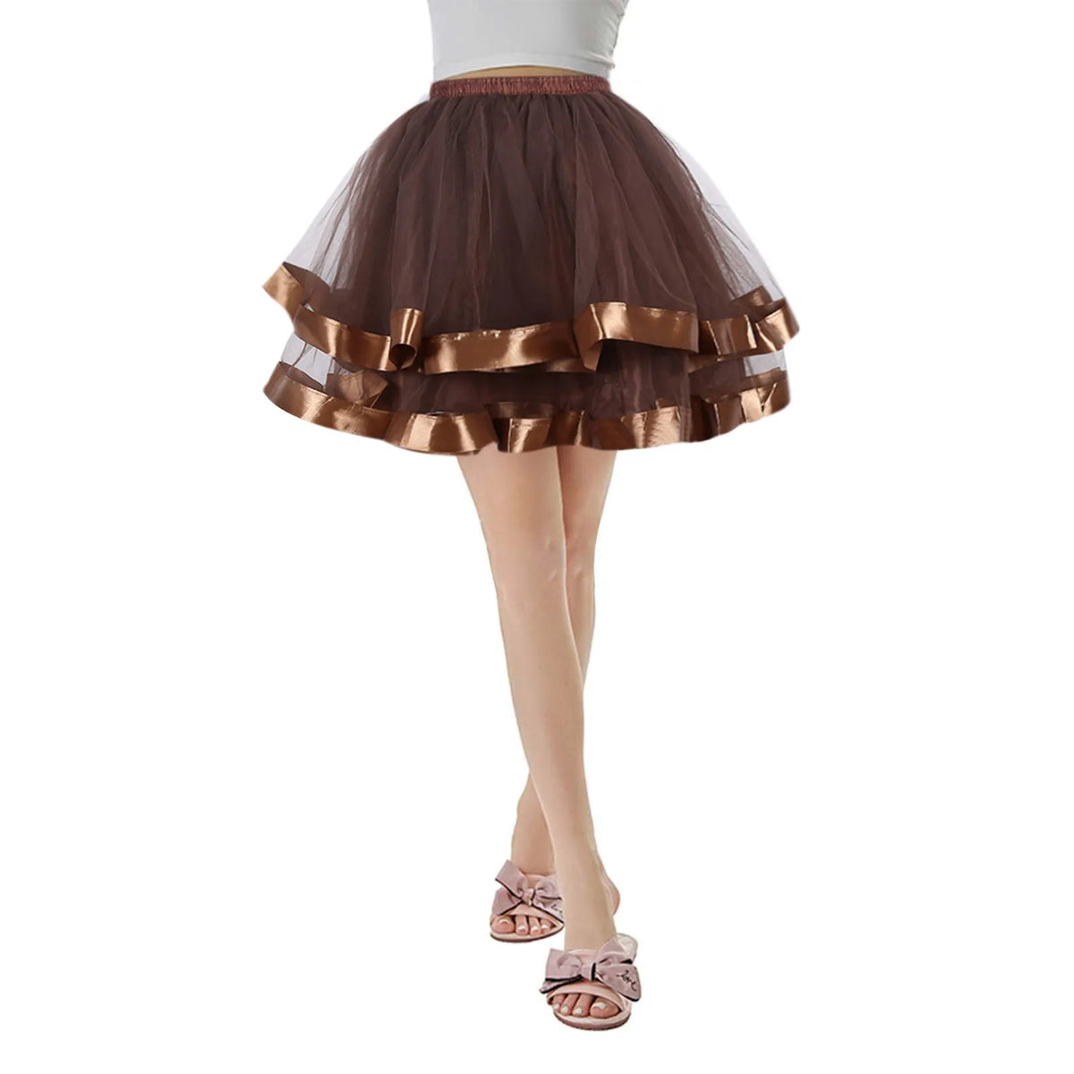 Jupe tutu tulle brodée rubans satinés vintage rose bleu vert rouge marron
