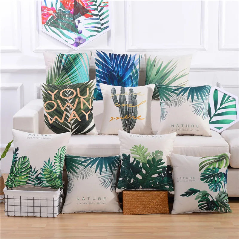 housse coussin motif feuilles tropicales moderne coton lin décoration intérieur mariage voiture chaise lit