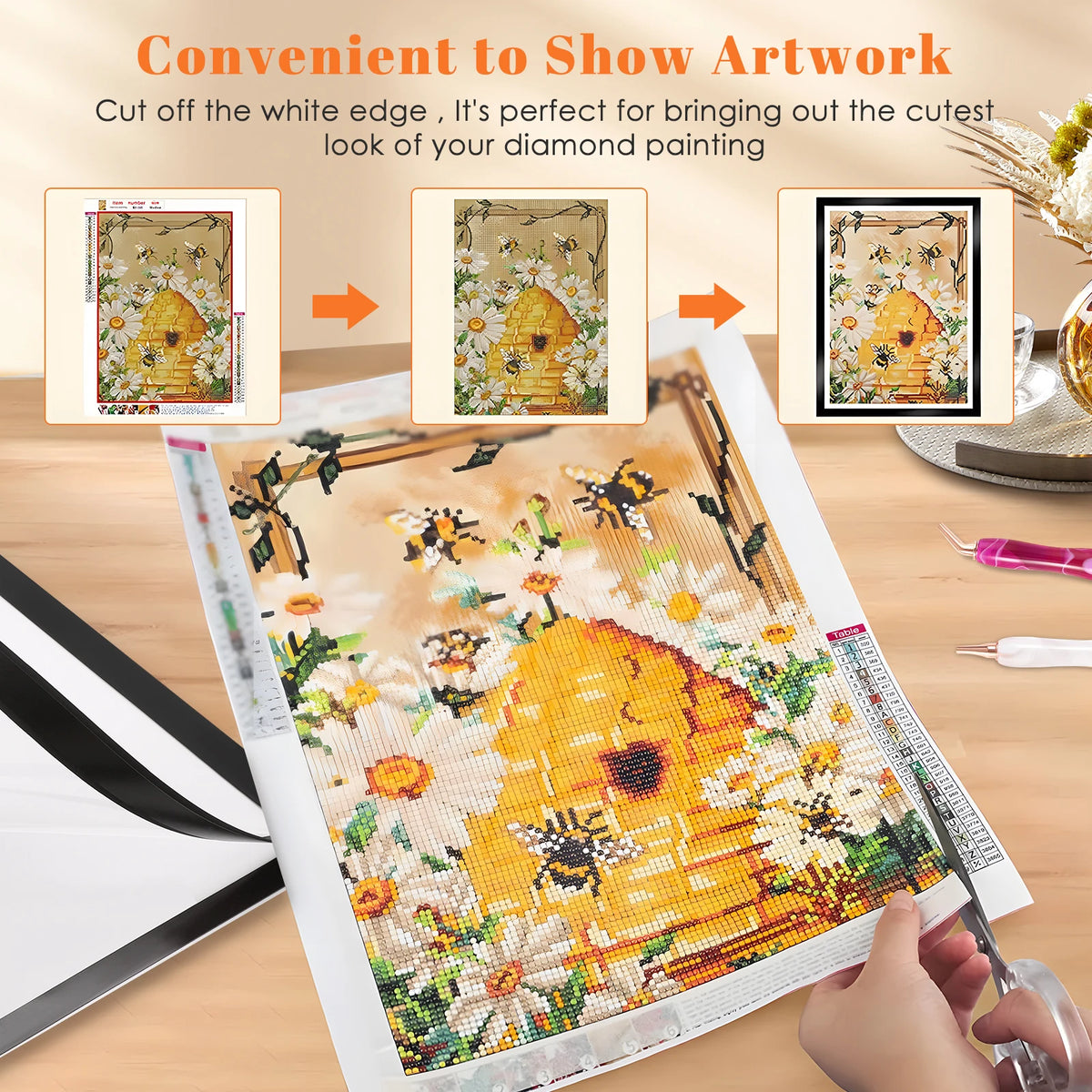 Cadre peinture diamant noir moderne adhésif auto transparent guide taille 30x40cm