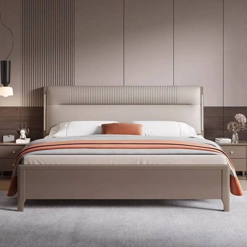 lit moderne bois beige gris orange tissu plissé oreiller couverture draps tapis