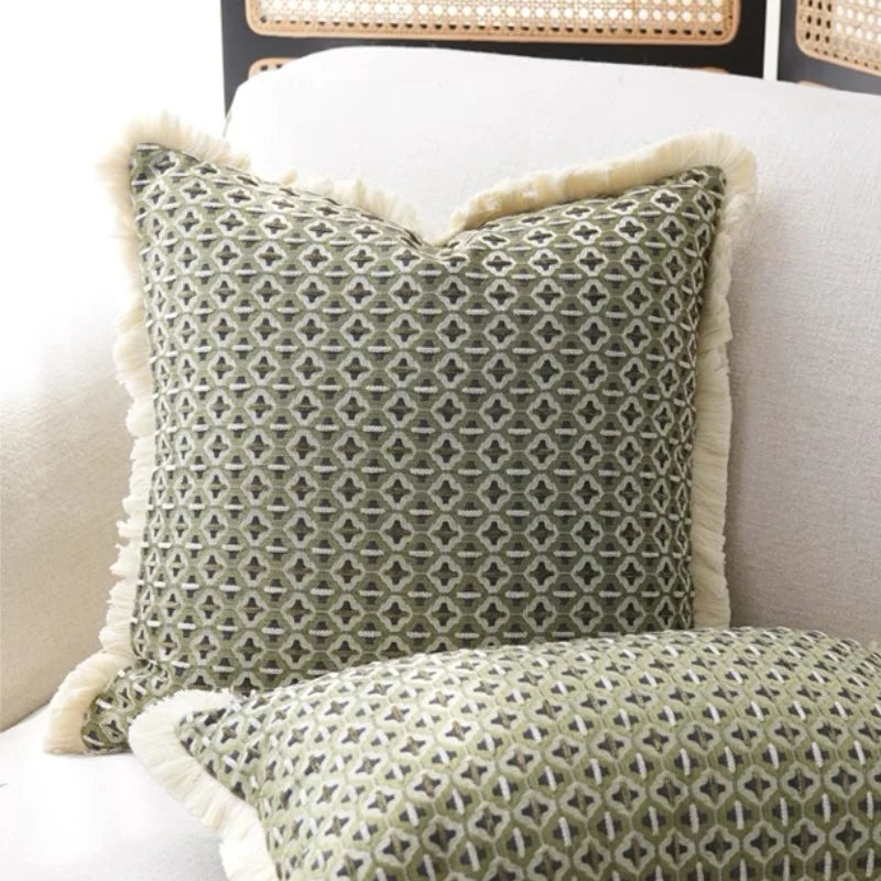 coussin carré vert olive motif géométrique moderne jacquard sans rembourrage