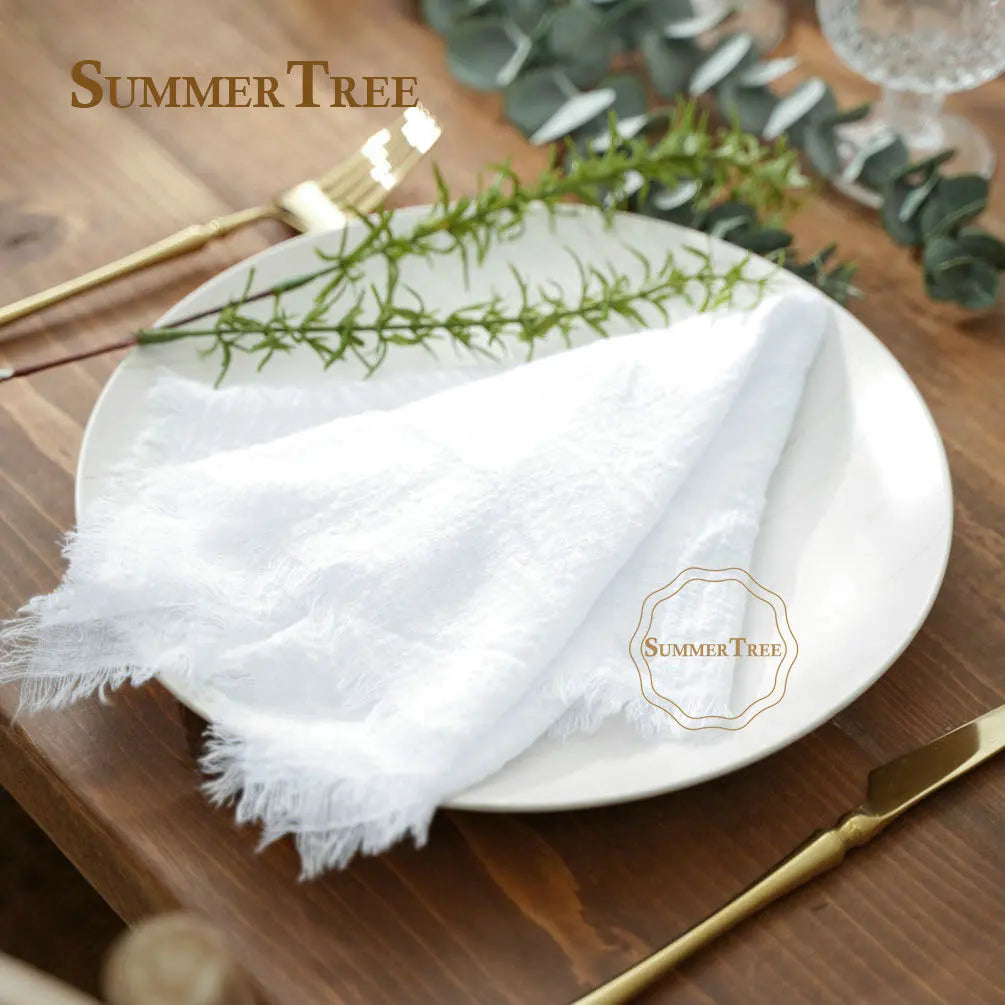 serviette coton beige rose blanc tissage fin bordures frangées rustique naturel