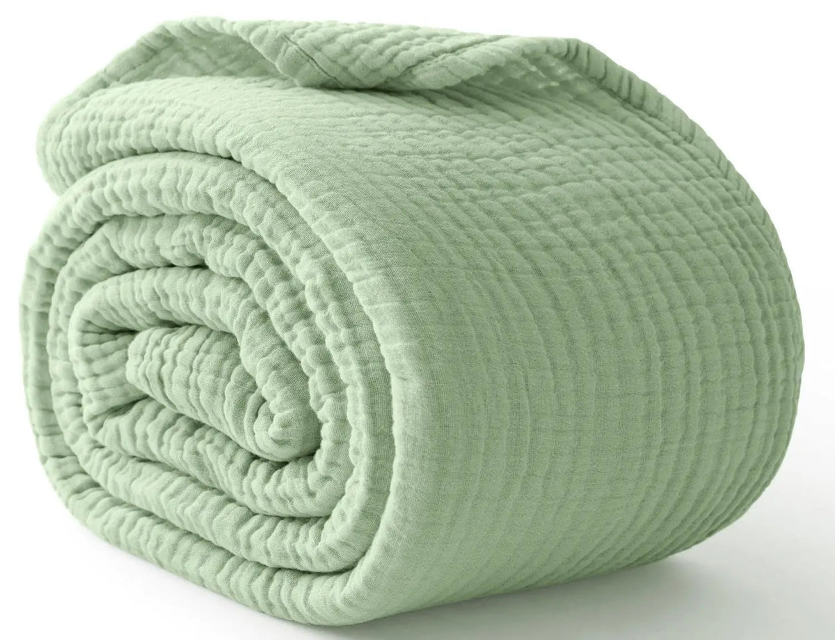 couverture coton mousseline légère motif géométrique beige vert clair lit voyage maison toutes saisons