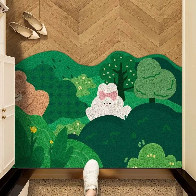 tapis entrée forest animaux paysage vert blanc fleurs naturelle illustration