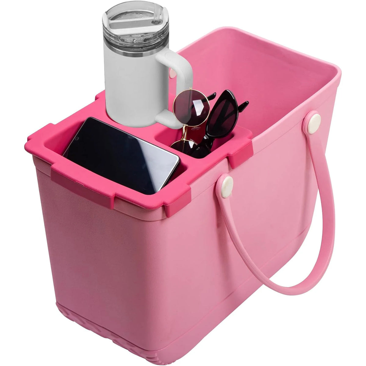 boîte rangement rose pratique compartiment smartphone lunettes soleil voyage moderne