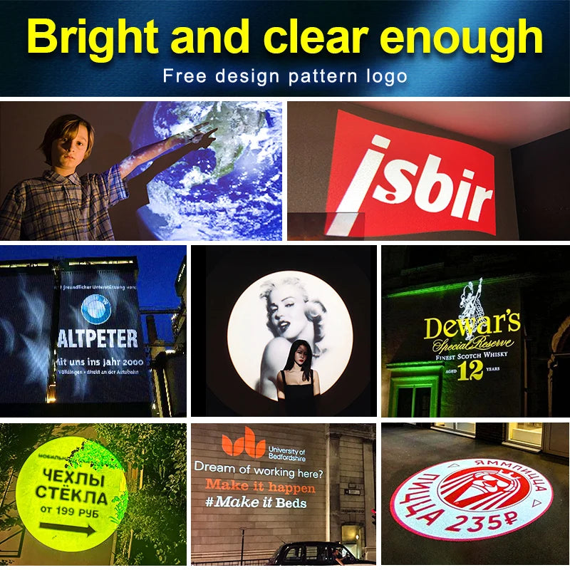 projecteur gobo hd led rotatif étanche publicité logo texte personnalisable extérieur moderne bleu blanc
