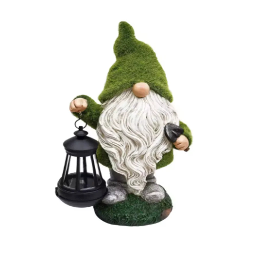 statue elfe nain résine lanterne verte barbe blanche motif ajouré lumière solaire patioextérieur