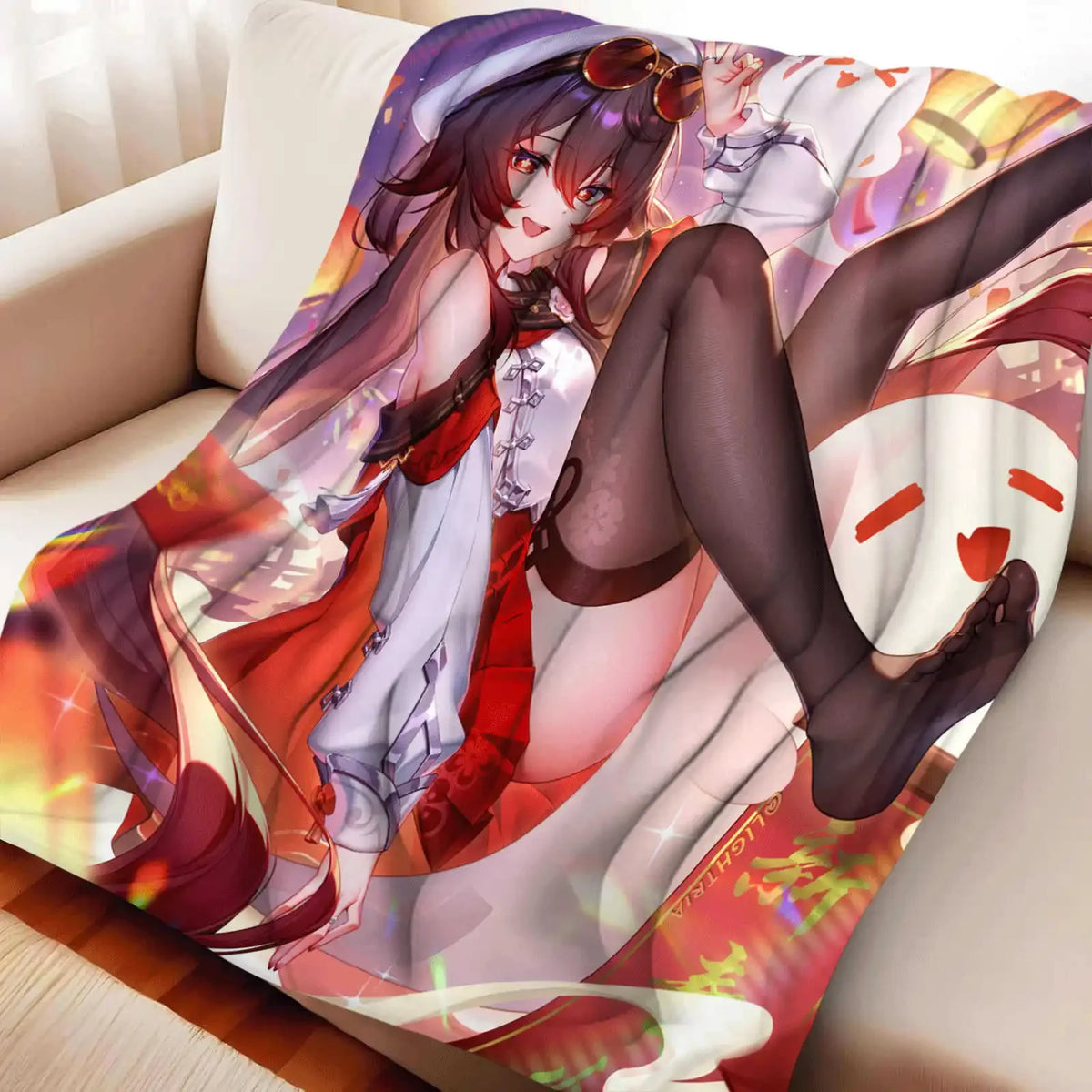 couverture polyester anime hutao bleu rouge halloween portable maison hiver automne multifonctionnelle